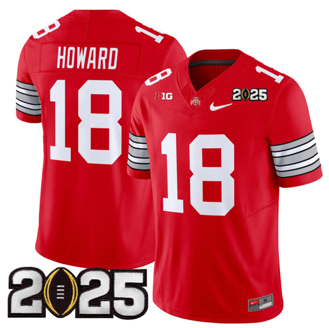 Men Ohio State Buckeyes #18 Will Howard Red 2025 CFP Final Patch F.U.S.E. Vapor Limited Stitched NCAA Jersey